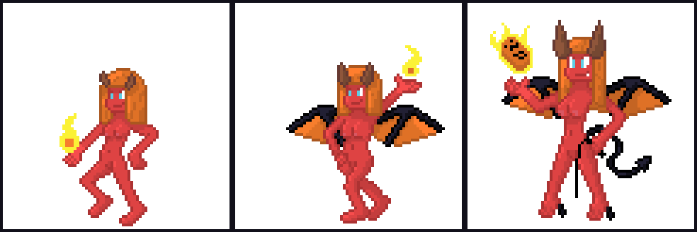 blue_eyes book demon demon_girl fakkumon female female_only fire fireball high_heels horns large_breasts lineup nude orange_hair pixel_art red_skin small_breasts smile smirk spade_tail whip wings