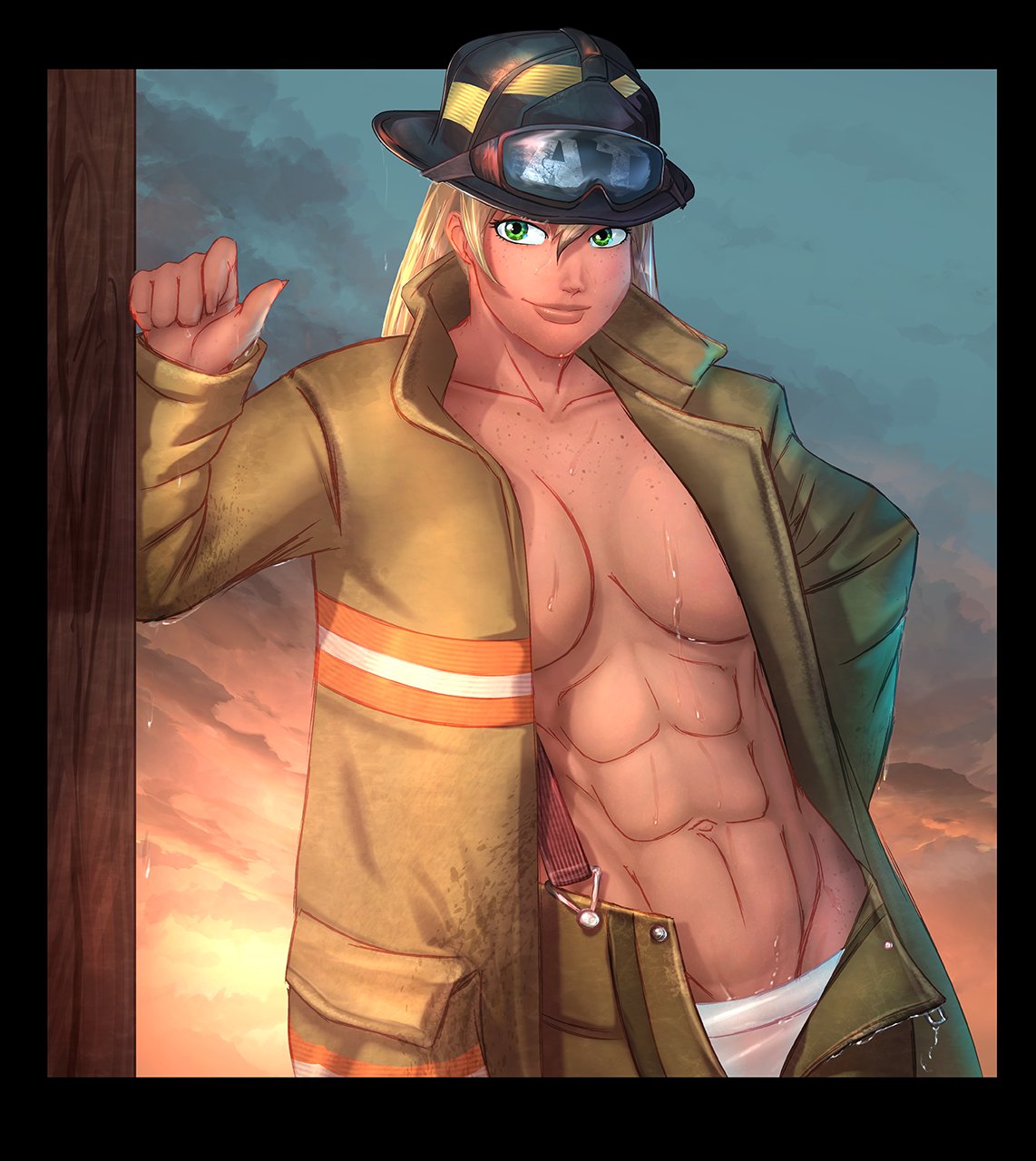 1girl abs applejack blonde_hair colored david_delanty eve-ashgrove firefighter firefighter_helmet humanized jacket muscle my_little_pony panties unbuttoned_pants wet wet_clothes