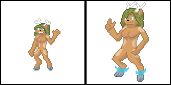 1girl anthro antlers big_breasts brown_fur deer fakkumon faun female_only fire green_hair lineup nude pixel_art pointing satyr small_breasts smile waving
