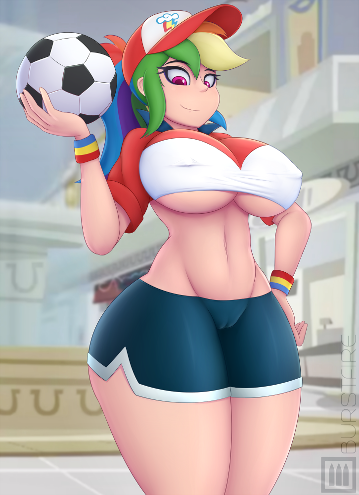 1girl baseball_cap big_breasts breasts burstfire cameltoe friendship_is_magic hand_on_hip humanized large_breasts looking_at_viewer my_little_pony nipple_bulge ponytail purple_eyes rainbow_dash rainbow_hair shirt short_shorts shorts smile soccer_ball thighs underboob wide_hips