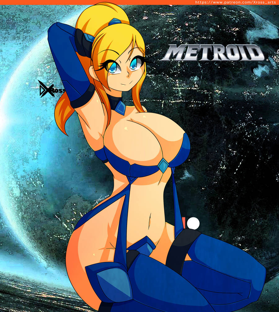 arm_behind_head big_breasts blonde_hair blue_eyes breasts cleavage copyright_name deviantart erosuit hand_behind_head looking_at_viewer metroid navel ponytail revealing_clothes samus_aran smile space thigh_high_boots thighs wide_hips