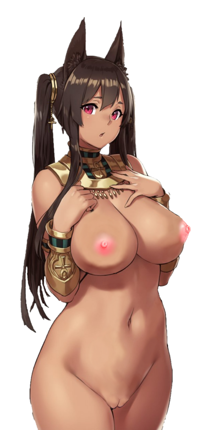 1girl 1girl 1girl anubis_(houtengeki) big_breasts breasts brown_hair curvaceous dark-skinned_female dark_skin female_only female_solo hand_on_chest hand_on_own_chest high_resolution houtengeki navel nipples purple_eyes pussy standing third-party_edit transparent_background