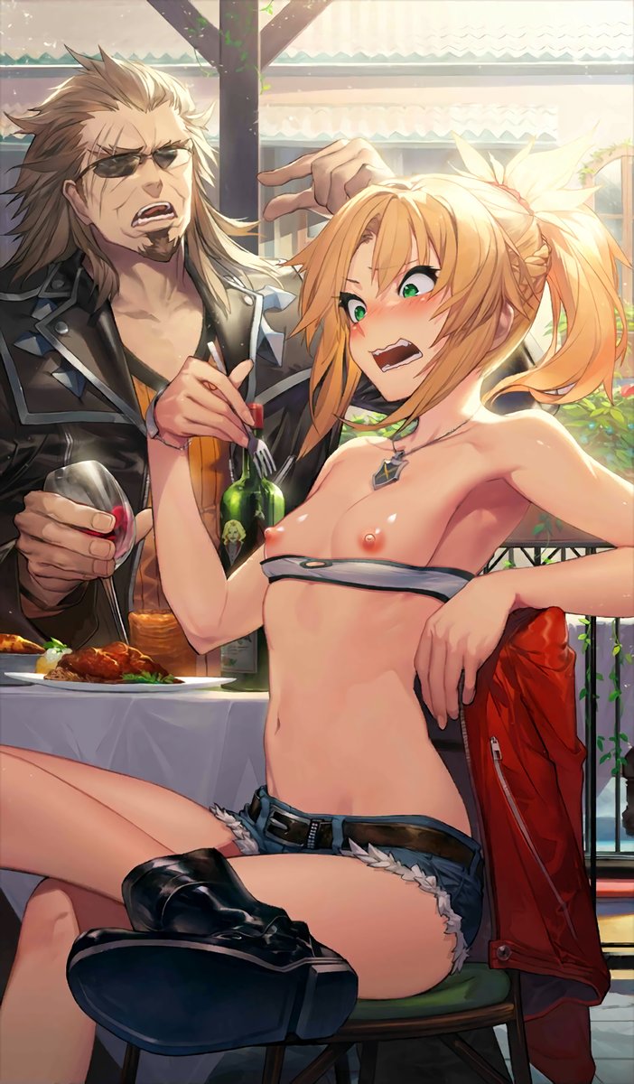 1boy 1girl armpit blonde blush breasts clavicle deep_armpit duo fate/apocrypha fate/grand_order fate_(series) green_eyes high_resolution kodama_(wa-ka-me) male mordred_(fate) navel nipples nose_blush nude_filter open_clothes open_mouth outdoor_nudity outside pettanko shiny shiny_skin short_hair shorts small_breasts third-party_edit topless