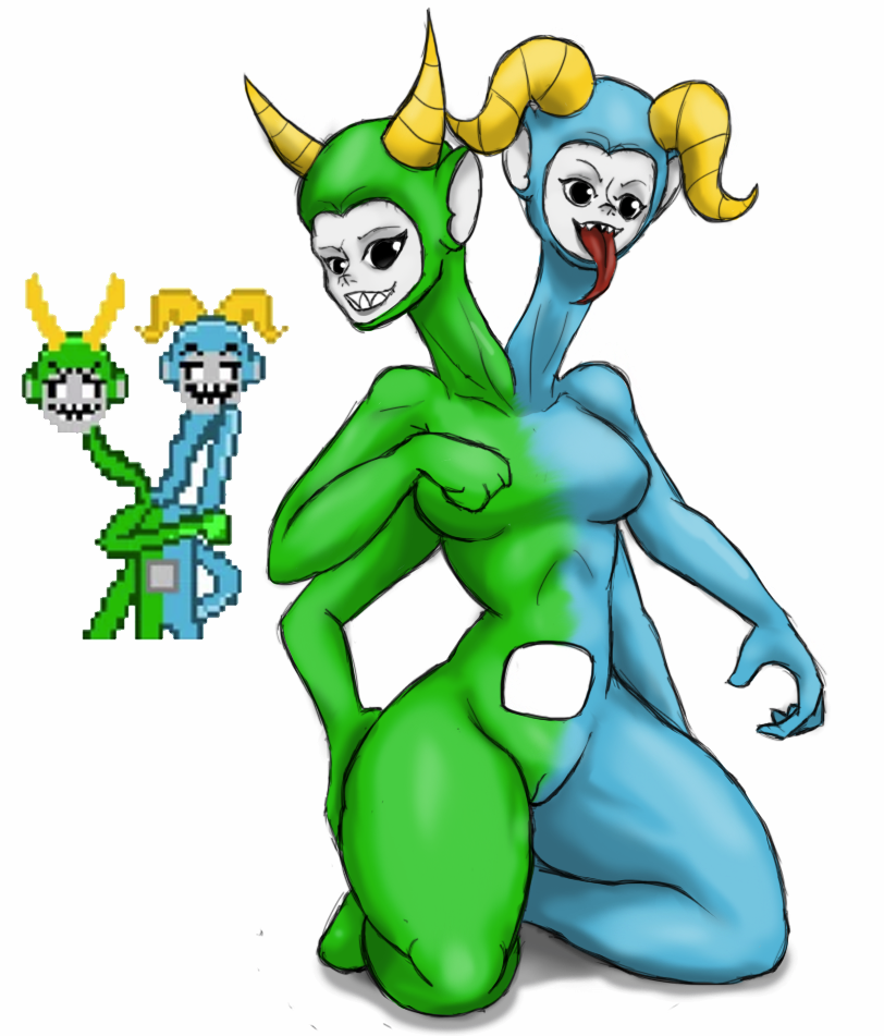 1girl blue_fur breasts green_fur hb-viper original_character slendytubbies tagme two_heads