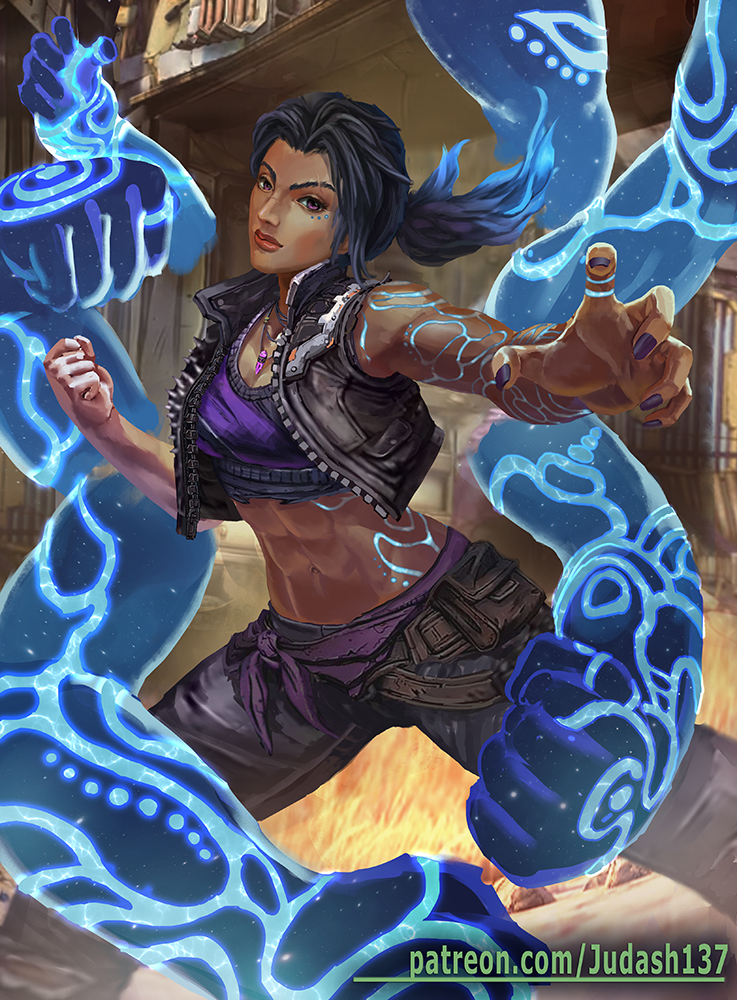 1girl abs amara_(borderlands) armpits arms_up bare_arms bare_shoulders big_breasts black_hair borderlands borderlands_3 breasts choker cleavage clenched_hands closed_mouth clothes collarbone dark_skin earrings fantasy fighting_stance jewelry judash137 long_hair looking_at_viewer magic midriff nails navel ponytail purple purple_eyes siren_(borderlands) sleeveless smile standing tattoo thighs toned very_long_hair vest waist