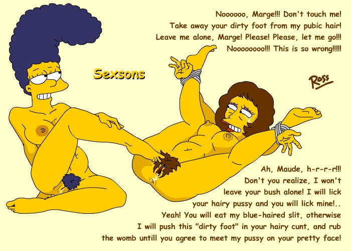 anus ass blue_hair blue_pubic_hair bondage breasts darth_ross english_text erect_nipples marge_simpson maude_flanders nipples nude pubic_hair pussy pussy_juice spread_legs text the_simpsons toes yellow_skin