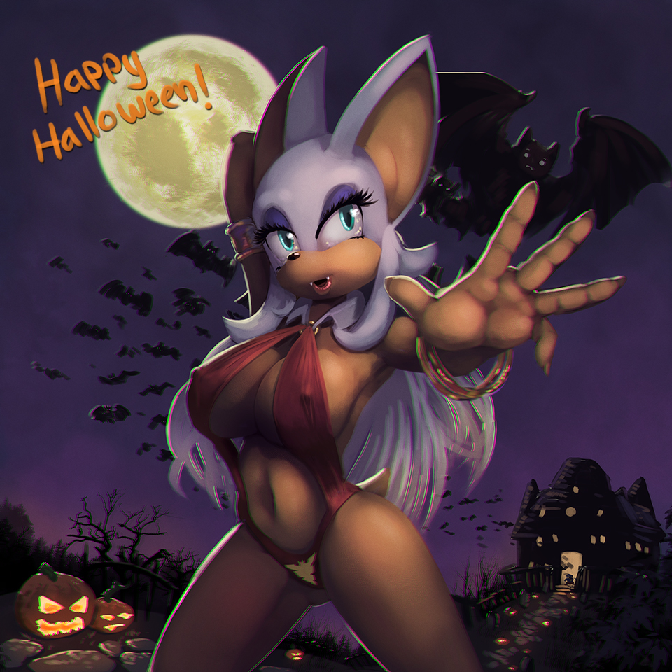 1girl 2014 anthro bat big_breasts blue_eyes breasts building cleavage clothed clothing cosplay drxsmokey_(artist) english_text erect_nipples eyelashes female female_only furry halloween holidays mammal moon navel night open_mouth outside pumpkin rouge_the_bat sega skimpy sonic_(series) standing text vampirella vampirella_(cosplay)