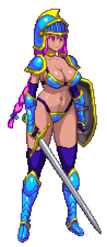 bouncing breasts cleavage gif non-nude pixel_art purple_hair shield sword uniform weapon