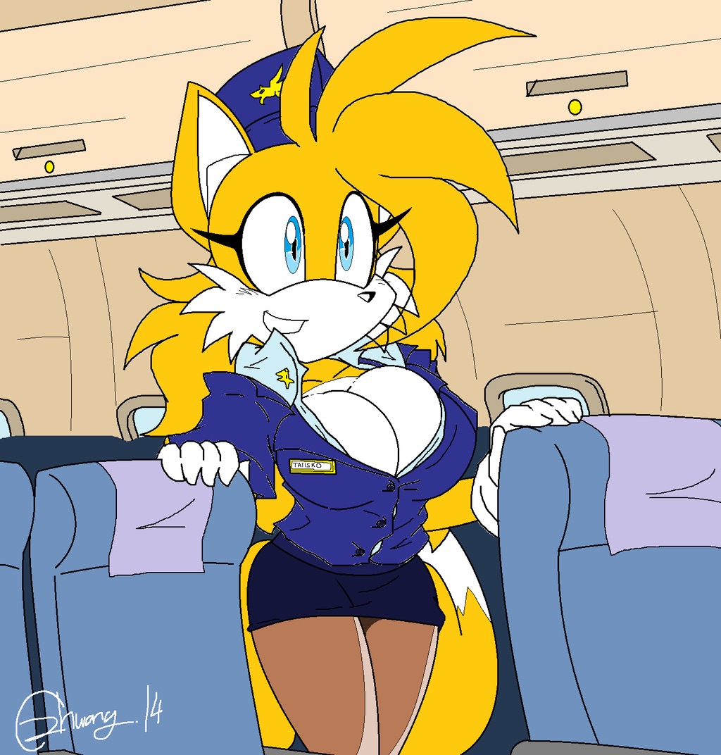 "tailsko" 2014 aircraft akatsukishiranui-fox anthro big_breasts breasts canine cleavage clothed clothing crossgender female female_tails fox fur furry genderswap mammal melissa_"tailsko"_prower-henegan miles_"tails"_prower millie_tailsko sega smile solo sonic_(series) video_games