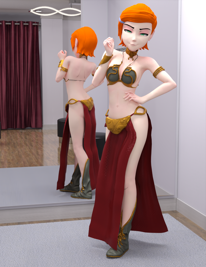 1girl 3d 3d_(artwork) ben_10 cartoon_network cosplay daz3d daz_studio disney dressing_room female_only full_body green_eyes gwen_tennyson hand_on_hip mirror mirror_reflection pin3d pose slave_leia_(cosplay) smiling solo_female star_wars young young_girl younger_female