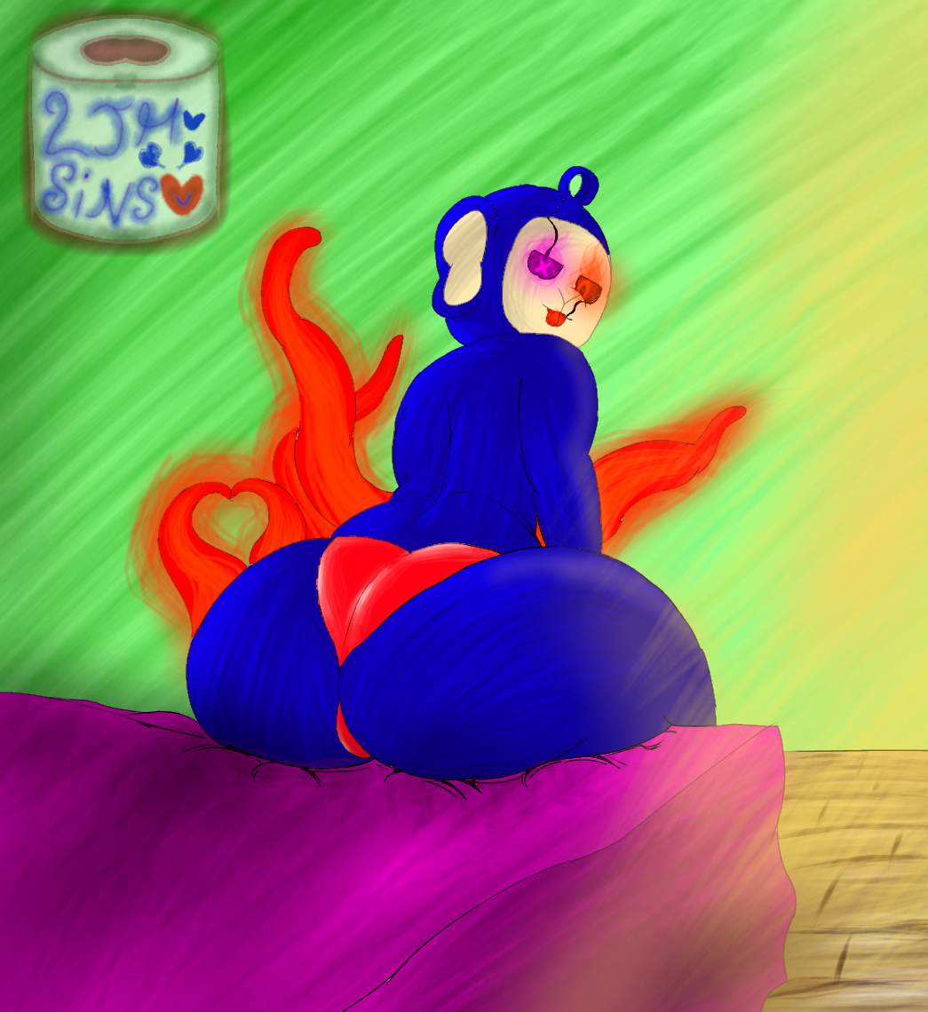 bisexual ectoplasm glowing_eyes green_background ljh ljh_sins purple_bed_sheet red_underwear slendytubbies slendytubbies_oc sunlight teletubbies tentacle thicc thick_hips tongue tongue_out wooden_floor