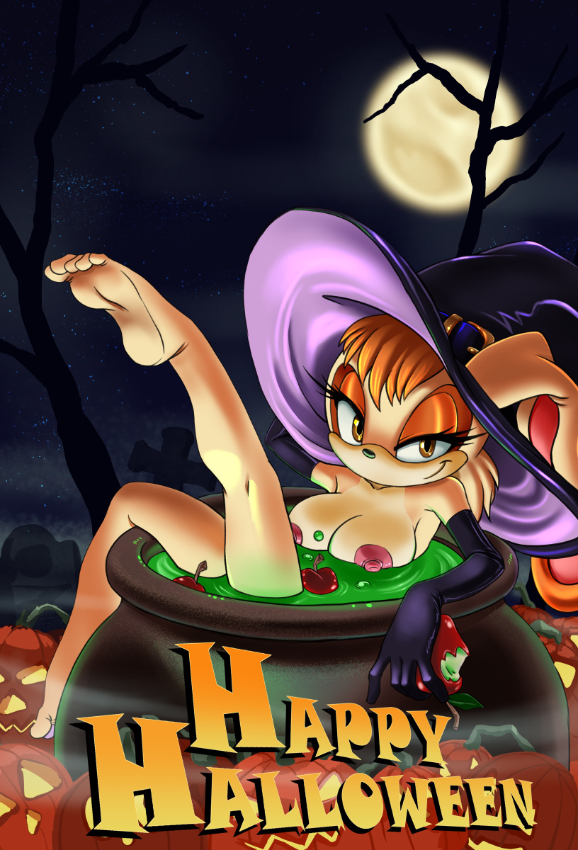 2014 anthro apple areola big_breasts breasts brown_eyes cauldron elbow_gloves english_text eyelashes female fruit furry gloves halloween hat holidays kandlin lagomorph long_ears looking_at_viewer mammal moon night nipples nude outside pumpkin rabbit sega solo sonic_(series) text vanilla_the_rabbit witch_hat