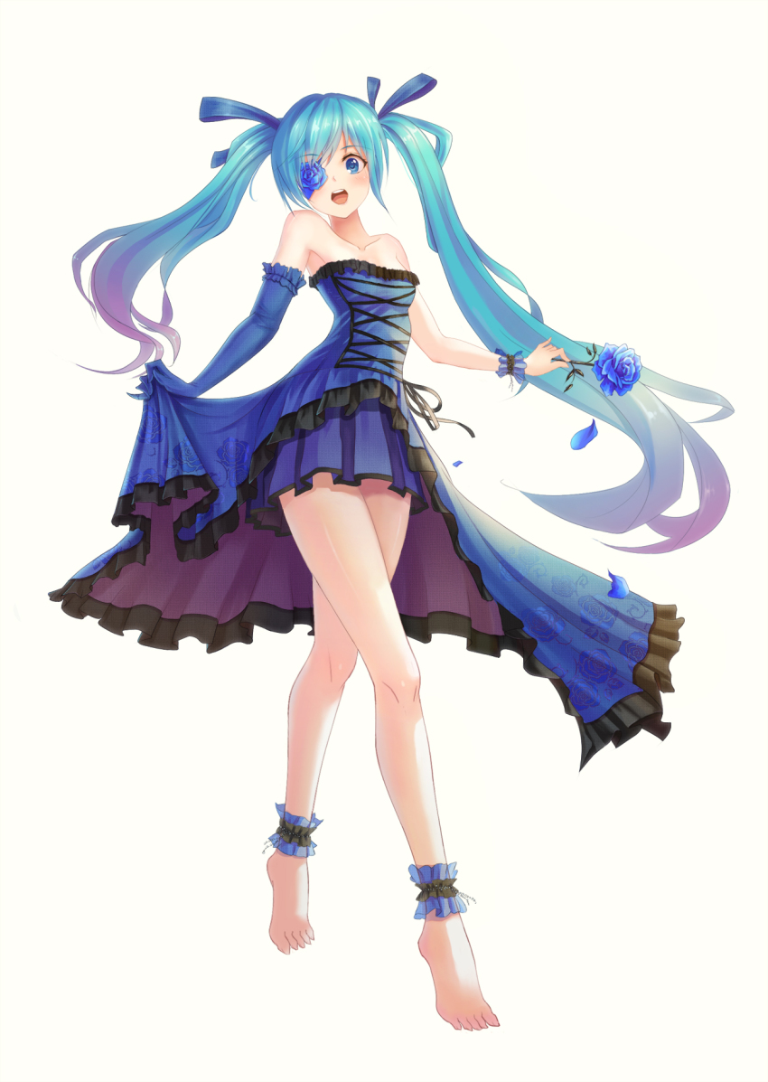 1_girl aqua_hair arm arms art artist_request babe bare_legs bare_shoulders blue_dress blue_eyes blue_gloves blue_rose blue_skirt blush clavicle collarbone crossed_legs dress dress_lift elbow_gloves eyepatch female flower gloves hair_ribbon high_res holding looking_at_viewer neck open_mouth ribbon rose simple_background single_glove skirt solo standing strapless strapless_dress tiptoes twinrails very_long_hair white_background