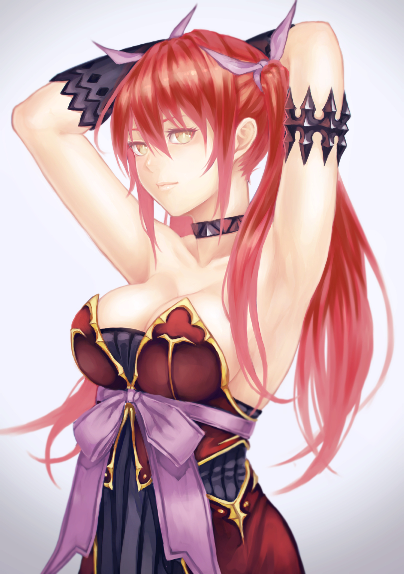 1_girl 1girl absurd_res absurdres arm armlet armpits arms arms_behind_head arms_up art babe bare_shoulders black_gloves breasts bust choker cleavage dress female gloves grey_background hair_between_eyes hair_ribbon jewelry large_breasts lips long_hair mstm neck original red_hair ribbon smile solo strapless strapless_dress twintails upper_body yellow_eyes