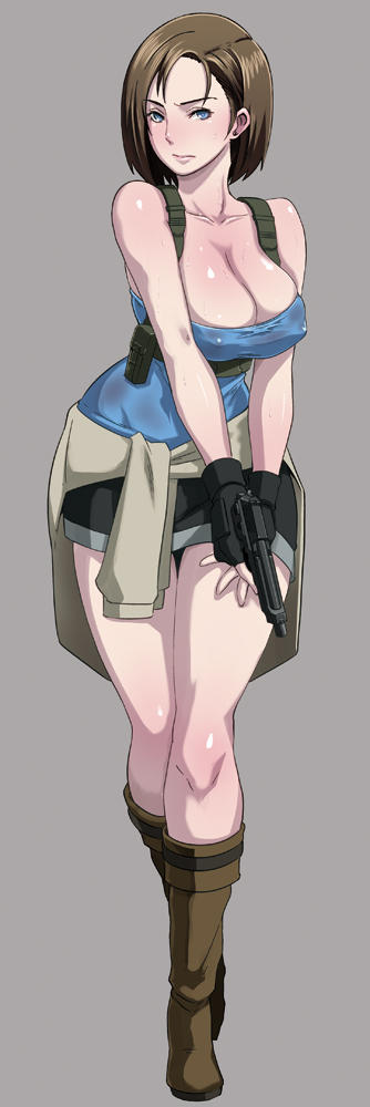 1girl arm armpit_holster arms art babe bangs bare_legs bare_shoulders big_breasts black_gloves black_skirt blue_eyes bob_cut boots breasts brown_boots brown_hair butcha-u capcom cleavage clothes_around_waist collarbone crossed_legs eroquis female fingerless_gloves gloves grey_background gun handgun holding holster jill_valentine jpeg_artifacts large_breasts legs legs_crossed looking_at_viewer miniskirt neck pencil_skirt pistol resident_evil resident_evil_3 see-through shiny shiny_hair shiny_skin short_hair simple_background skirt solo standing strapless sweat sweater sweater_around_waist sweating trigger_discipline v_arms weapon
