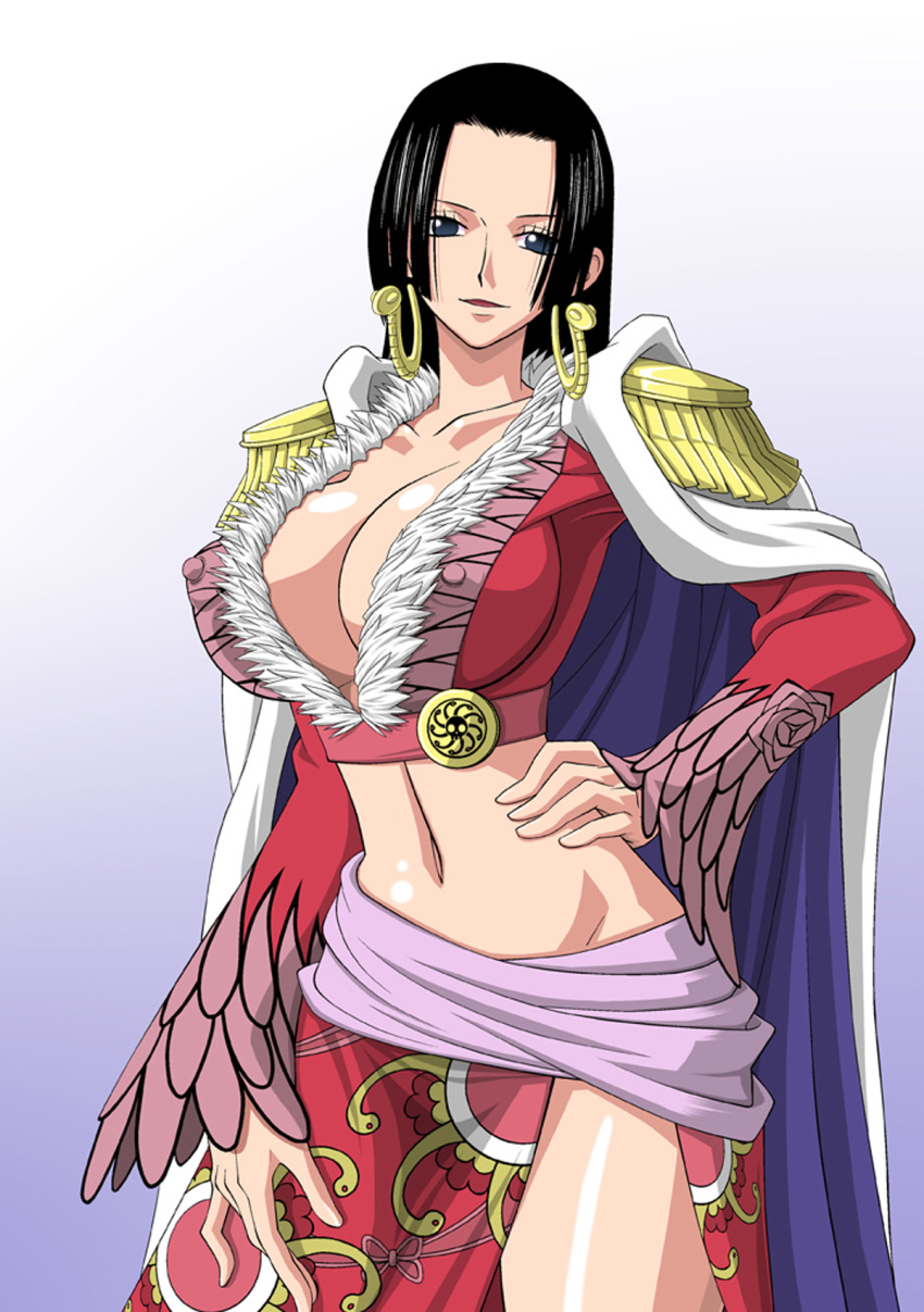 1girl art babe bare_legs big_breasts black_hair blue_eyes boa_hancock breasts cape cleavage collarbone dress earrings epaulettes erect_nipples female gradient gradient_background hair hand_on_hip highres jewelry large_breasts legs long_hair long_sleeves looking_at_viewer midriff naughty_face navel neck nel-zel_formula one_piece open_mouth pirate red_dress sarong shiny shiny_hair shiny_skin side_slit smile solo standing wide_sleeves