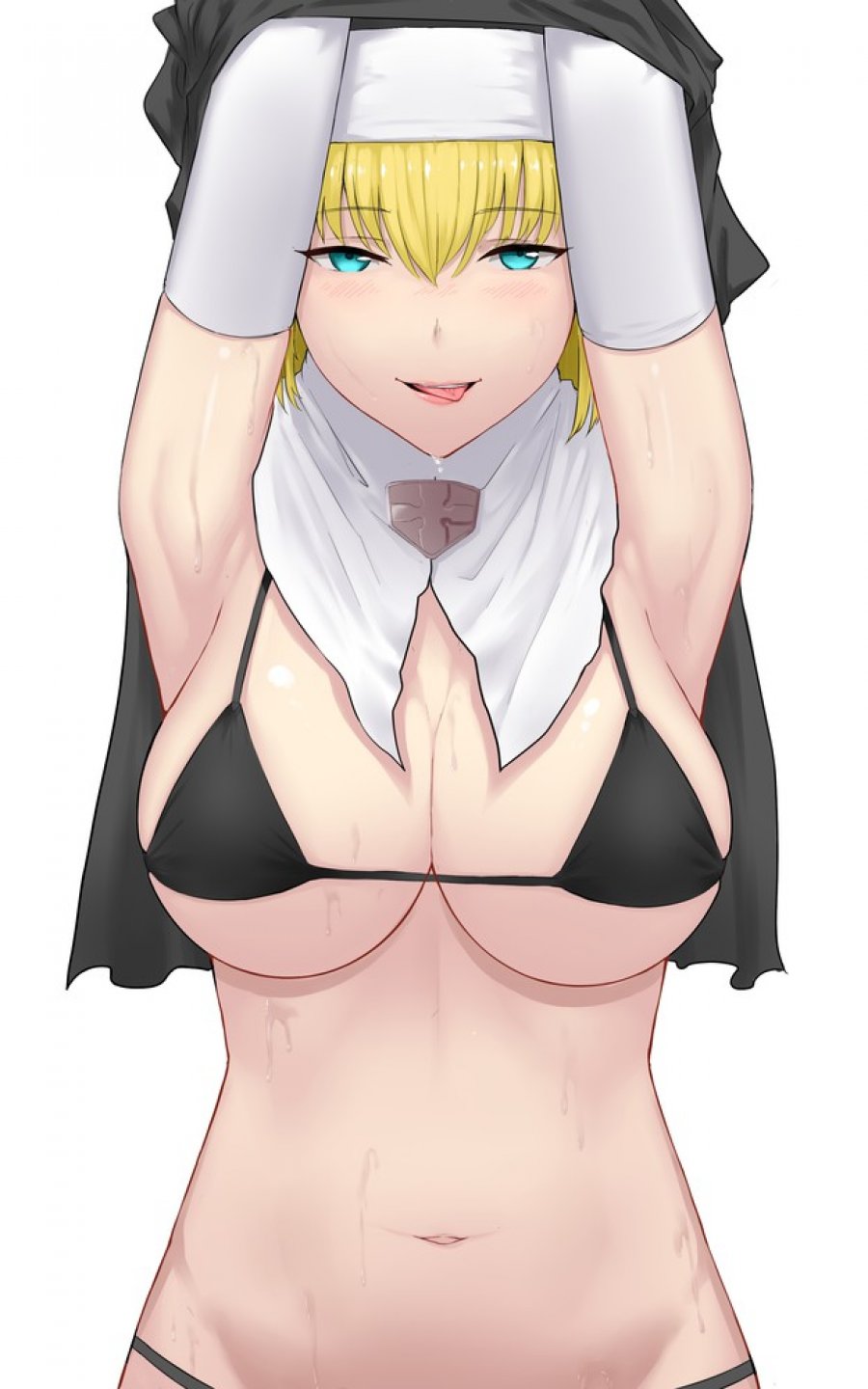 1girl absurdres aqua_eyes armpits arms_up belly_button big_breasts bikini black_bikini blonde_hair blue_eyes blush breasts elbow_gloves en'en_no_shouboutai enen_no_shouboutai fire_force gloves habit highres iris_(enen_no_shouboutai) iris_(fire_force) large_breasts licking_lips looking_at_viewer lynnete_(artist) micro_bikini navel nun panties saliva_drip sexy sexy_body sexy_breasts skindentation solo string_bikini sweat sweatdrop sweating swimsuit tongue tongue_out underboob underwear upper_body user_fykt5252 white_gloves