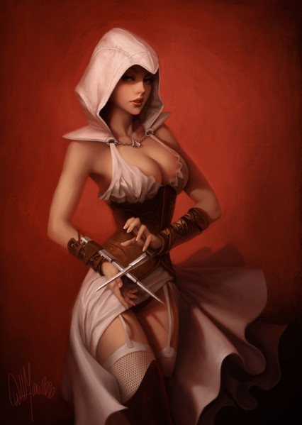 1girl assassin's_creed assassin's_creed_(series) breasts brown_eyes cleavage collarbone concealed_weapon corset duplicate fishnets garter_straps hidden_blade_(assassin's_creed) hood large_breasts lingerie lips pixel-perfect_duplicate solo tan thighhighs third-party_source underwear vambraces weapon white_thighhighs will_murai
