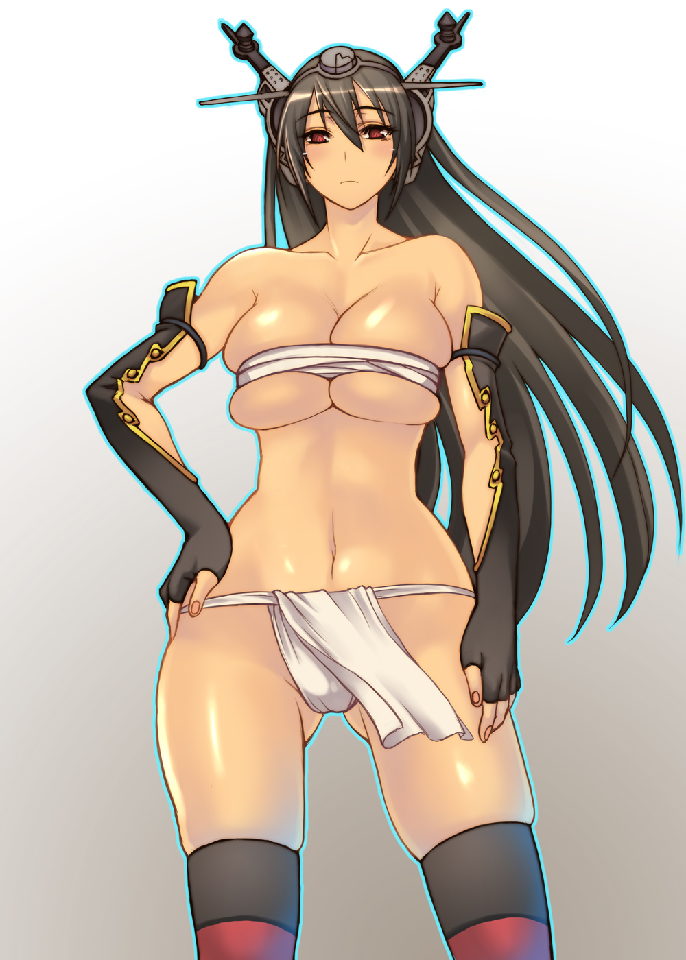 1girl absurd_res arm arms art babe bare_legs bare_shoulders belly black_hair blush bonten_karasu breast_squeeze breasts budget_sarashi cleavage collarbone female fundoshi gauntlets hair hair_ornament hair_over_one_eye hand_on_hip highres kantai_collection large_breasts legs legwear loincloth long_hair looking_at_viewer midriff nagato_(kantai_collection) navel neck red_eyes sarashi serious shiny shiny_hair shiny_skin solo standing stockings striped striped_legwear striped_thighhighs thighhighs underboob very_long_hair
