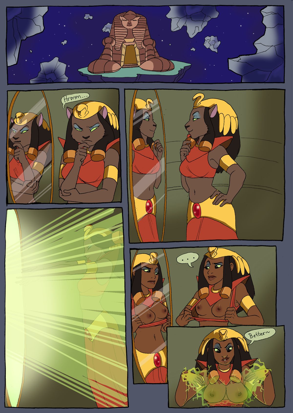 ... 1girl aladdin_(series) anthro areolae big_breasts breast_expansion breasts comic disney dontfapgirl eyebrows furry human humanized magic mirage_(aladdin) mirror nipples reflection smile solo speech_bubble text transformation