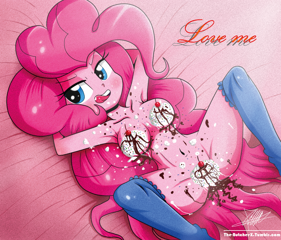 1girl bed breasts cherry_(fruit) chocolate_syrup equestria_girls food_play my_little_pony nude pinkie_pie spread_legs sprinkles stockings the-butcher-x tongue whipped_cream