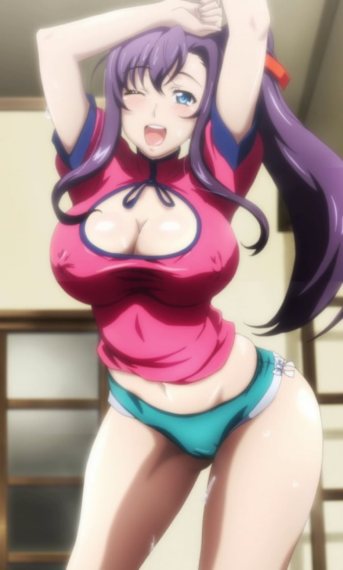 1girl anime big_breasts blush breasts cleavage ecchi hentai maken-ki! shorts smile wink