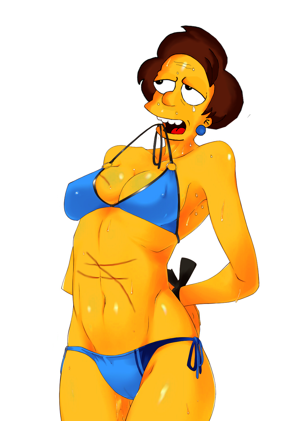 bikini bondage brown_hair brunette clothed edna_krabappel hair hands_tied open_mouth scars the_simpsons white_background yellow_skin