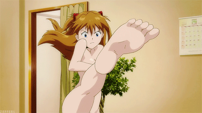 1girl angry anime ass asuka_langley_souryuu breasts covering_breasts feet female female_only gif hand_bra kicking neon_genesis_evangelion nude orange_hair solo