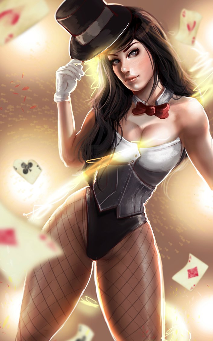 1_girl arm arms art babe bare_shoulders big_breasts black_hair bowtie breasts cleavage dc dc_comics dc_universe dcau detached_collar female gloves hat hat_removed head_tilt holding holding_hat lips lipstick long_hair looking_at_viewer magician makeup smile solo talitapersi top_hat white_gloves zatanna zatanna_zatara