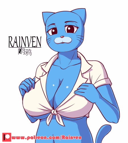 1girl anthro big_breasts breasts cartoon_network clothed clothing felid feline fur furry gif low_res mammal mature_female nicole_watterson nipples rainven short_playtime simple_background the_amazing_world_of_gumball