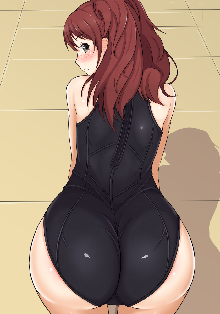 1girl alfort_(may0508) all_fours ass bare_shoulders blush brown_eyes brown_hair female from_behind huge_ass kujikawa_rise long_hair looking_at_viewer looking_back one-piece_swimsuit persona persona_4 presenting raised_eyebrow shadow smile solo swimsuit