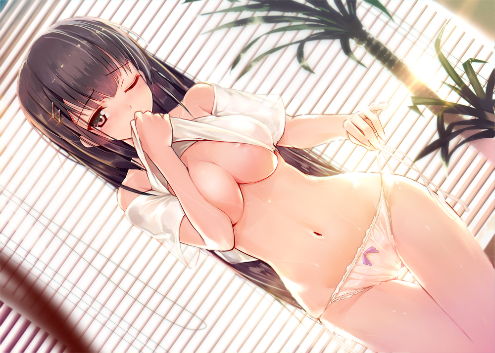 1girl areola_slip areolae black_hair blush breast_press breasts brown_eyes dutch_angle erect_nipples hair_ornament hidden_mouth long_hair looking_at_viewer mouth_hold navel no_bra off_shoulder one_eye_closed original panties shiny shiny_skin shirt shirt_lift side-tie_panties solo standing string_panties sweat tetsu_(countryside) thigh_gap underboob underwear undressing untying white_panties wide_hips wink