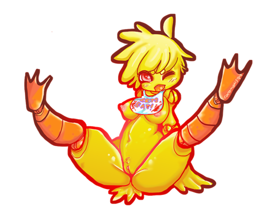 animatronic bib blush chica_(fnaf) chicken cute five_nights_at_freddy's legs_up open_mouth perky_breasts pink_eyes pubic_tuft robot spread_legs tight_pussy tongue tongue_out toy_chica wink