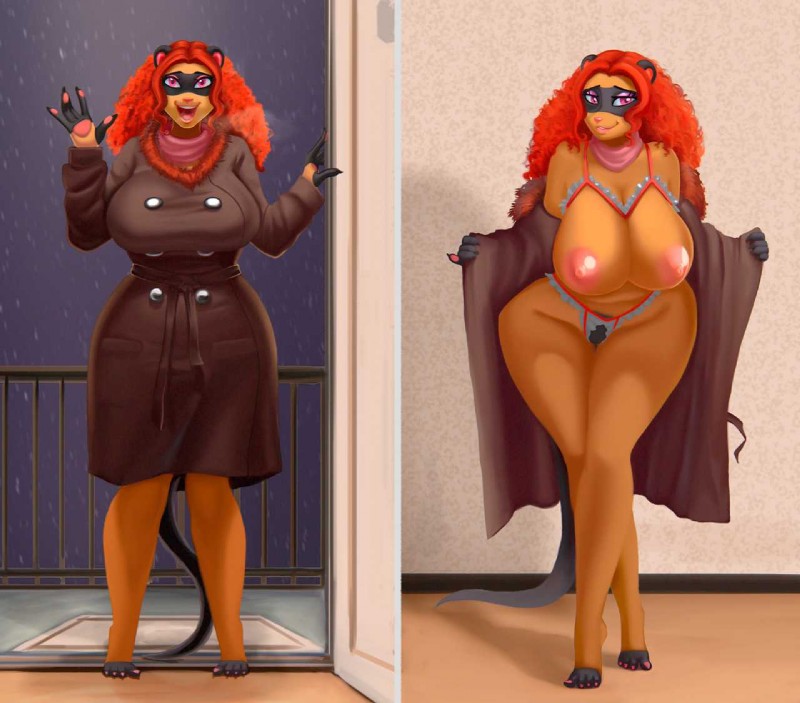 anthro big_breasts breasts clothed clothing faye_(ipan) female ferret flashing hair ipan looking_at_viewer mammal milf mustelid nipples original partially_clothed pubic_hair raccoon red_hair standing thick_thighs trench_coat voluptuous wide_hips