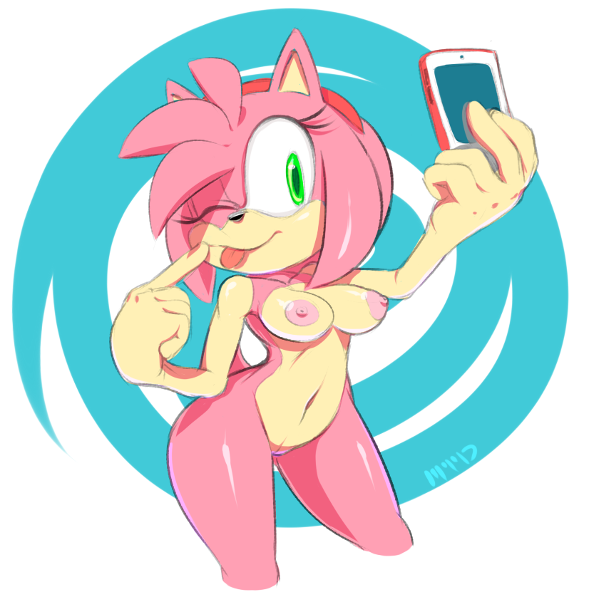 1girl amy_rose ass belly big_ass breasts female green_eyes hair marthedog midriff navel nipples one_eye_closed phone pink_hair pink_skin sega selfpic solo sonic_(series) thigh_gap tongue tongue_out video_games