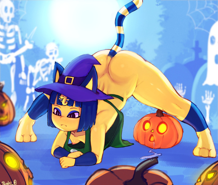 1girl animal_crossing ankha anklet anthro apron apron_only areola ass athletic athletic_female blue_hair blushi_0 bracelet breasts bubble_butt cat_ears cat_tail down_blouse eyeshadow female_only full_body fur furry halloween hourglass_figure jack-o'-lantern jack-o_pose looking_at_pussy makeup meme naked_apron nintendo nipple_slip nipples pumpkin short_hair small_breasts split starbucks witch_hat yellow_fur