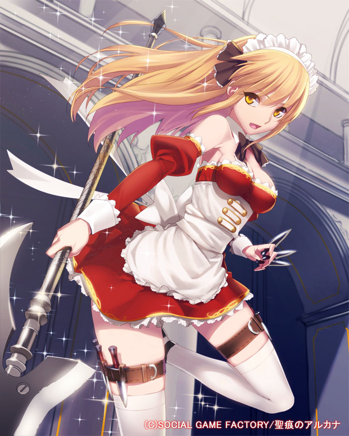 1_girl 1girl arm armpits art axe babe bare_shoulders blonde_hair bow bowtie breasts detached_collar detached_sleeves dress female garter_straps headdress high_res holding holster indoors inside kunai legs legwear long_hair looking_at_another maid maid_headdress open_mouth red_dress seikon_no_arcana solo sparkle stockings strapless strapless_dress thigh_holster thighhighs watermark weapon white_legwear white_thighhighs yangsion yellow_eyes