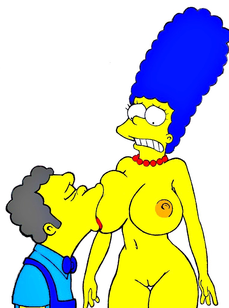 big_breasts breast_suck breasts marge_simpson moe_szyslak nipples nude pussy the_simpsons white_background wince yellow_skin