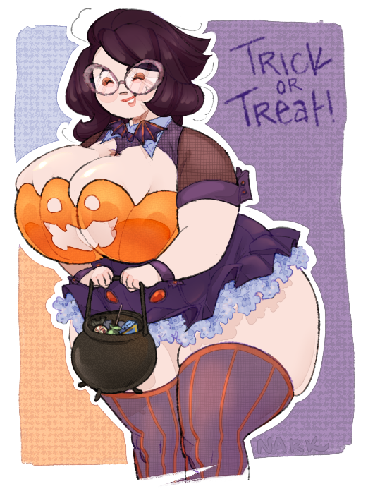 1girl aether_foundation ass breasts cleavage fat_ass feet_out_of_frame female_only gigantic_ass gigantic_breasts glasses halloween milf miniskirt narksfw nintendo pokemon pokemon_sm purple_hair round_ass skirt smile stockings thick_ass thick_thighs wicke_(pokemon)