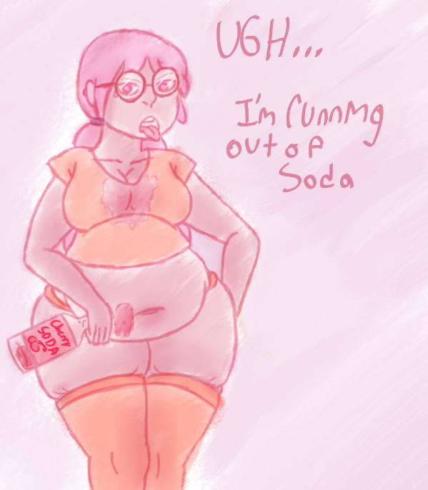 2014 adventure_time belly beverage big_belly big_breasts breasts chubby cleavage clothed clothing dialog english_text eyewear female food glasses hair humanoid legwear long_hair looking_at_viewer midriff muffin_top open_mouth overweight panties pink_eyes pink_hair pink_skin ponytail princess_bubblegum roxan-dragon royalty shirt soda text thick_thighs thighhighs tight_clothing tongue tongue_out underwear weight_gain wide_hips