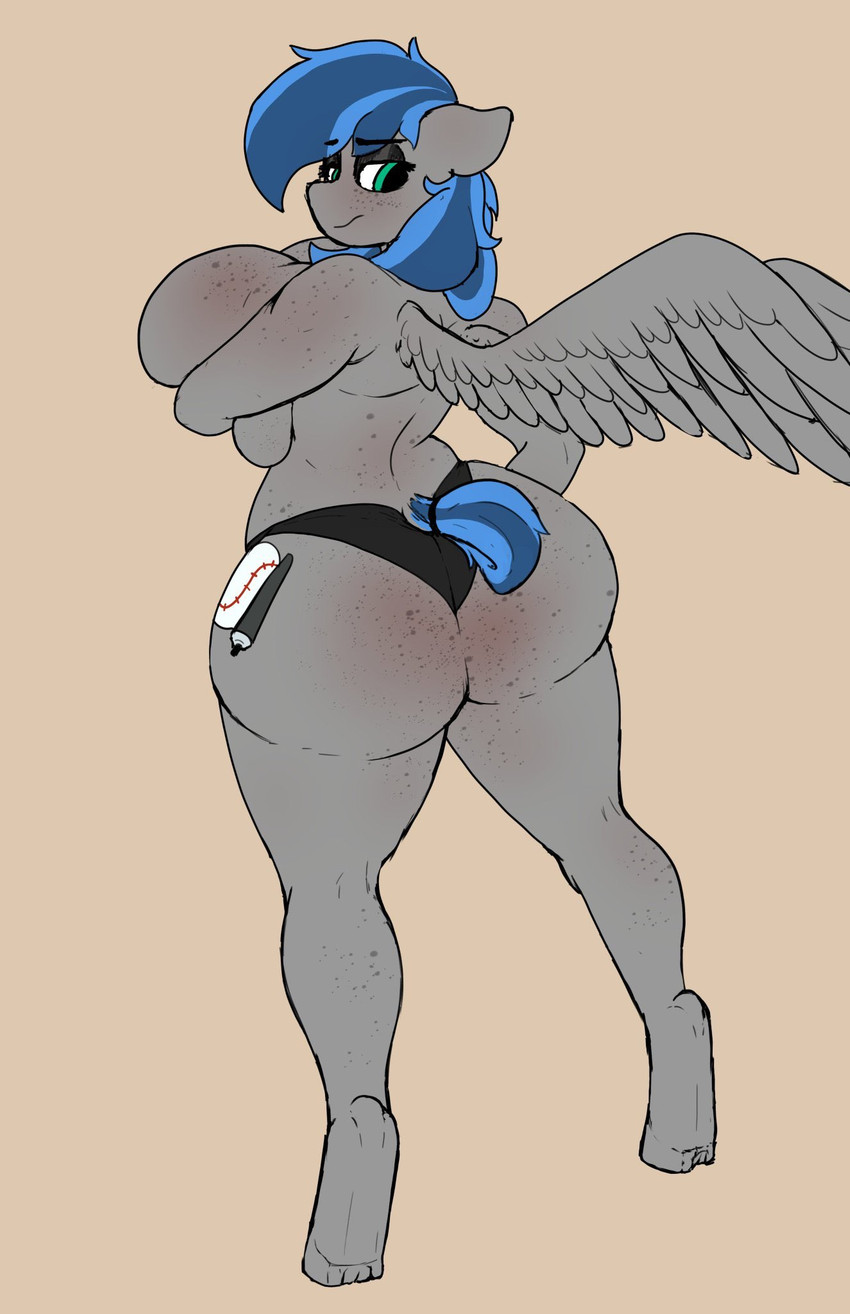 1girl anthro ass bibbo_(oc) big_ass big_breasts blue_mane breast_squish breasts clothing collaboration covering covering_self crazy_water cutie_mark doomfister equid equine fan_character freckles friendship_is_magic fur furry green_eyes grey_body grey_fur hasbro high_res hooves huge_ass huge_breasts mammal mane my_little_pony panties pegasus squish story story_at_source story_in_description underwear unguligrade_anthro wide_hips wings