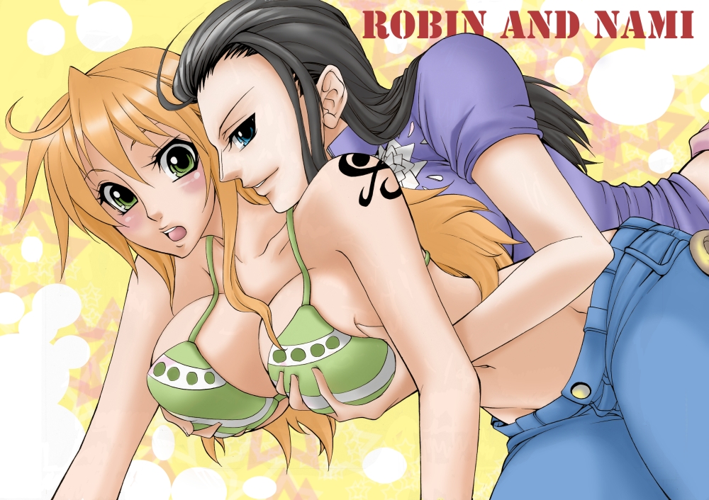 2girls absurd_res absurdres ahoge all_fours arms bare_shoulders big_breasts bikini bikini_top black_hair blue_eyes blush breast_grab breasts character_name chikaburo cleavage collarbone female friends from_behind girl_on_top grabbing green_bikini green_eyes green_swimsuit grin hair_between_eyes high_res highres jeans large_breasts lips long_hair looking_at_viewer midriff moaning mound_of_venus multiple_girls nami naughty_face navel neck nico_robin non-nude one_piece open_mouth orange_hair pants shirt surprised swimsuit yuri