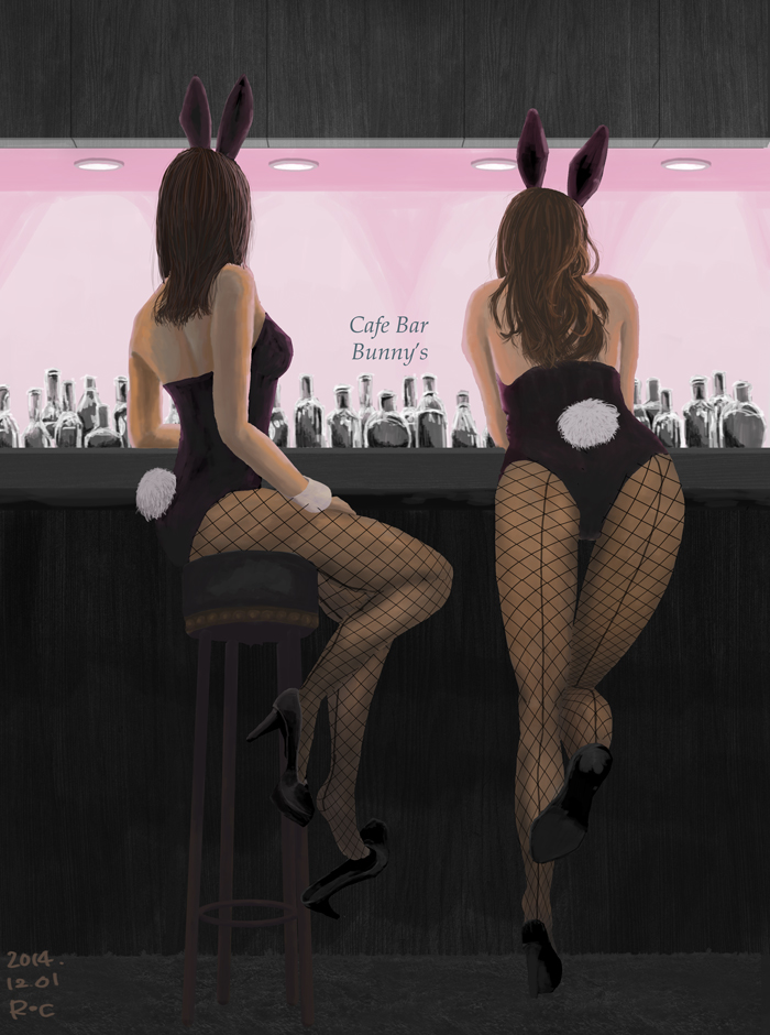 2girls animal_ears arm arm_rest arms art ass babe back back-seamed_legwear back_view bar bar_stool bare_back bare_shoulders black_hair black_high_heels bottle brown_hair bunny_ears bunny_girl bunny_tail bunnysuit elbow_rest fake_animal_ears fishnet_pantyhose fishnets from_behind high_heels indoors inside leaning leaning_forward legs leotard long_hair multiple_girls off_shoulder original pantyhose playboy_bunny playboy_bunny_leotard red_canada seamed_legwear shoe_dangle shoes short_hair sitting standing stool strapless thighs wrist_cuffs