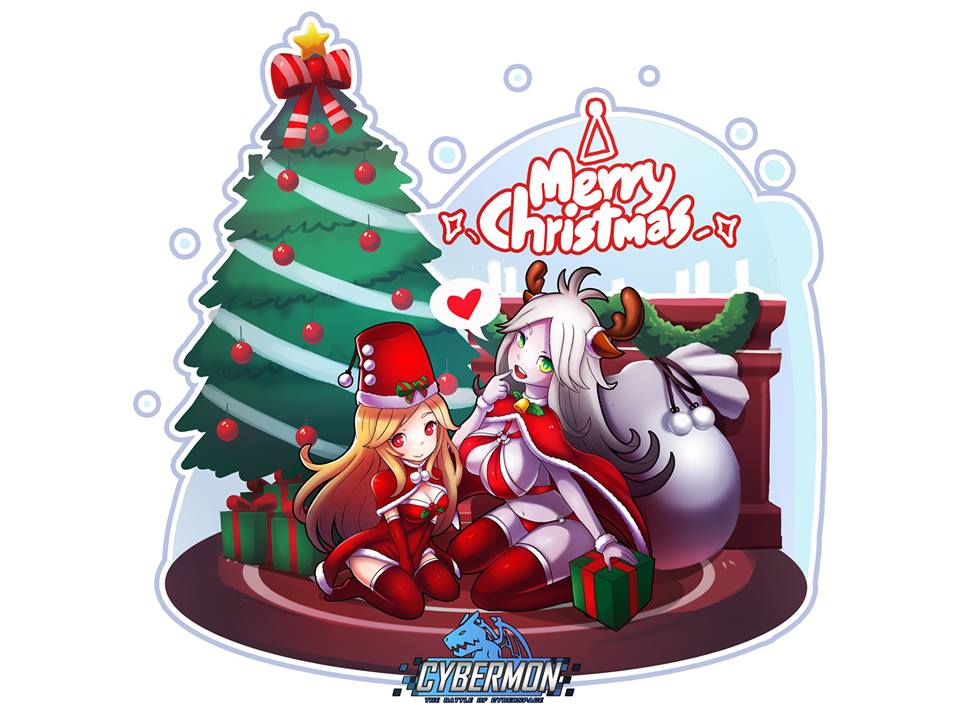 2girls babe big_breasts blonde_hair breasts christmas cleavage cybermon dungeon_elf elf green_eyes hair horns multiple_girls naughty naughty_face non-nude outfit red_eyes red_panties white_hair white_skin