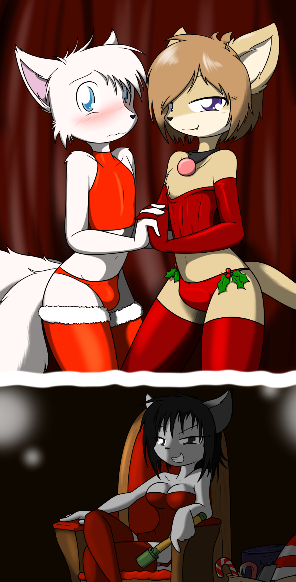 arctic_fox blush bulge canine cat christmas clothing dom domination duo feline female female_domination fox furry girly grin hand_holding holidays lingerie logan_the_fox male mammal smile submissive theoretical_chaos