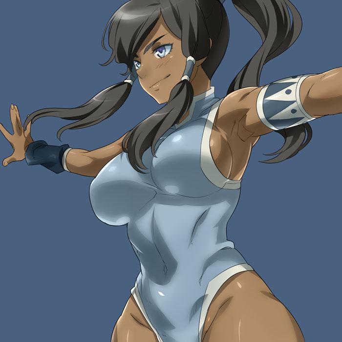 1girl abs adapted_costume arm_warmers armlet armpits avatar:_the_last_airbender babe bare_shoulders big_breasts bikini black_hair blue_background blue_bikini blue_eyes blush breasts dark-skinned_female dark_skin female_only hair_tubes korra leotard long_hair muscle naso4 navel one-piece_swimsuit ponytail sideboob simple_background sleeveless smile solo_female swimsuit the_legend_of_korra vambraces