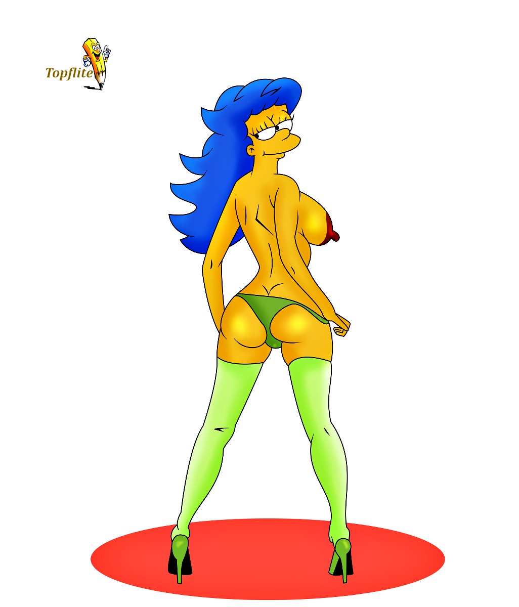 ass breasts marge_simpson nipples stockings the_simpsons topflite white_background yellow_skin