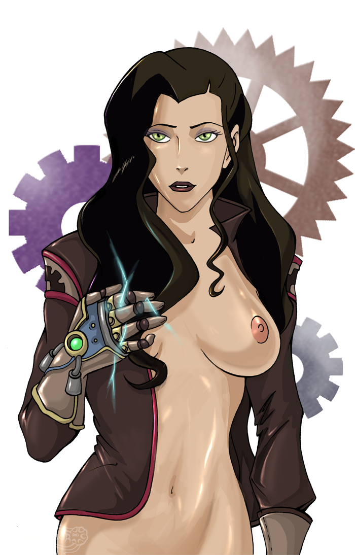 1girl agregor asami_sato avatar:_the_last_airbender babe black_hair bottomless breast female_only green_eyes lips lipstick makeup nipples open_clothes open_shirt solo_female the_legend_of_korra