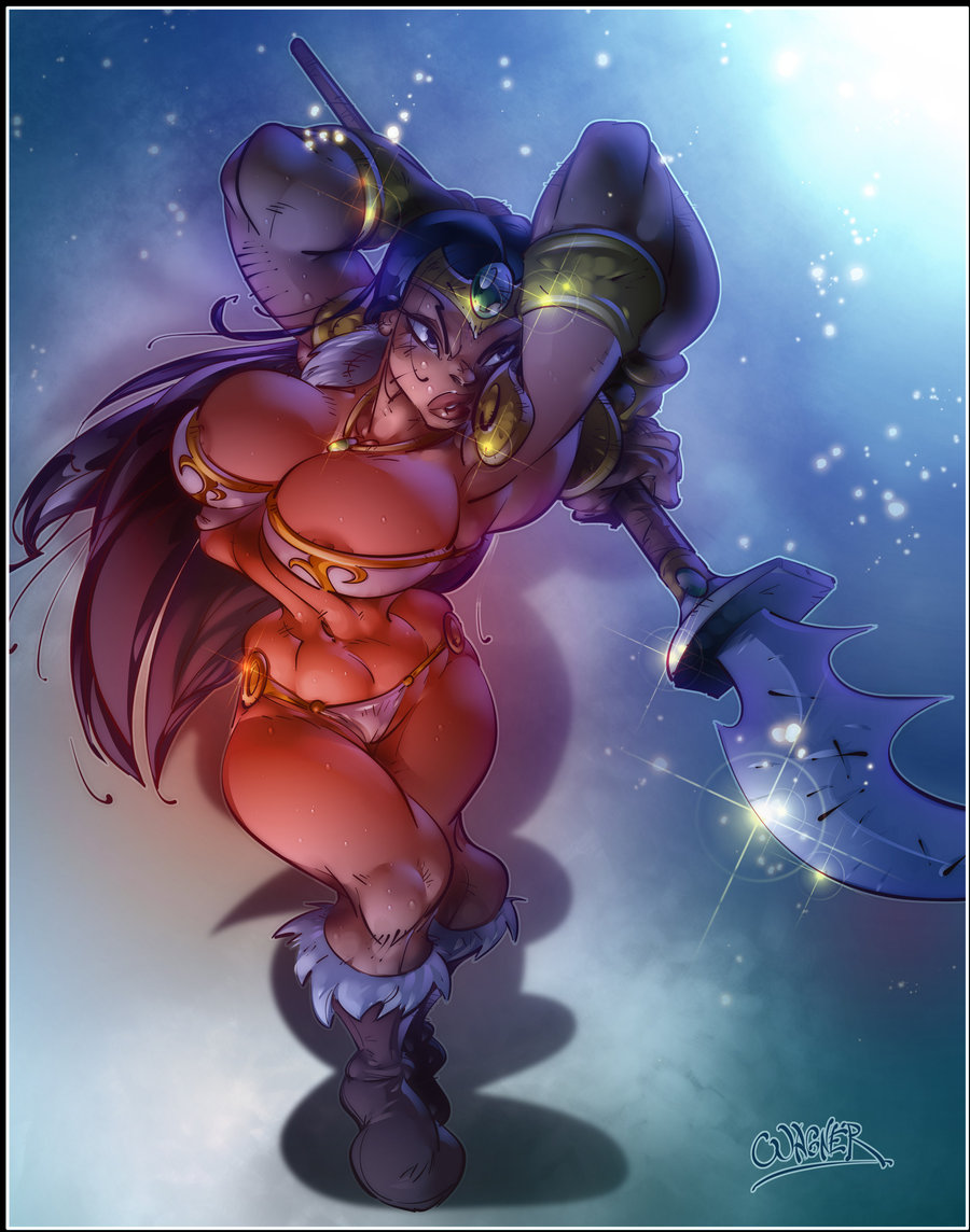 1girl american_dad black_eyes black_hair boots breasts cleavage cool hayley_smith long_hair muscle necklace nipples shiny shiny_skin solo spear tiara wagner weapon