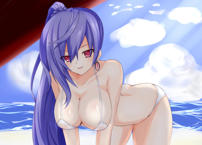 1girl all_fours alternate_costume bangs beach bikini blue_hair blush braid breasts butt_crack choujigen_game_neptune cleavage cloud commentary_request day earrings eyes_visible_through_hair hair_between_eyes hanging_breasts high_ponytail iris_heart jewelry large_breasts light_rays long_hair looking_at_viewer magical_girl neptune_(series) ocean outdoors parted_bangs parted_lips pink_eyes power_symbol side_ponytail sky smile solo string_bikini sunbeam sunlight swimsuit symbol-shaped_pupils tamaki_(tamaki_pic) thighs very_long_hair water white_bikini